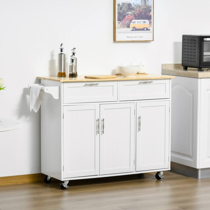 Kitchen Island with Wood Top, Mobile Island Cart on Wheels, Rolling Trolley with Adjustable Shelves, 2 Drawers & 3 Doors