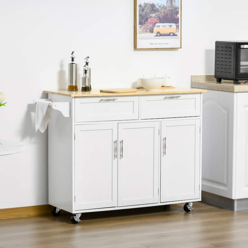 Mobile Kitchen Island On Fixed Wheels with Storage Space, 2 Drawers, 3 Cupboards, Adjustable Shelves and Towel Rack, White