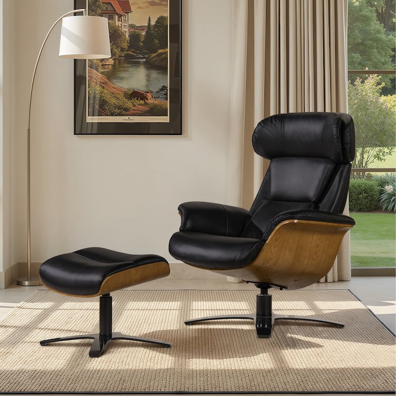 Jovan 31.5" Genuine Leather Recliner Lounge Chair with Ottoman