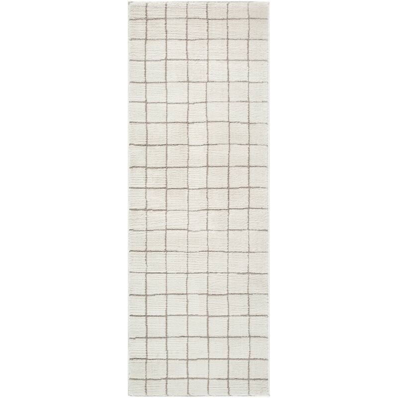 Livabliss x Our PNW Home Cascade Global Striped Area Rug - 2'7" x 12' - Grid Ivory/Taupe
