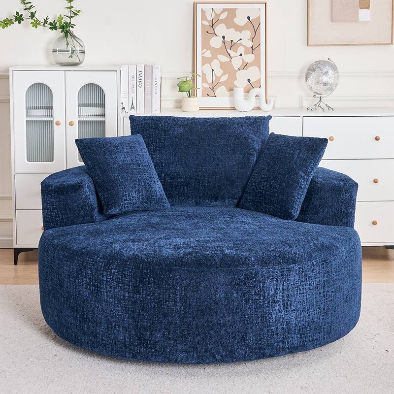 Oversized Swivel Accent Chair, Chenille Round Chairs Upholstered Swivel Chair, Single Sofa Armchair, Sleeper Chair - Blue