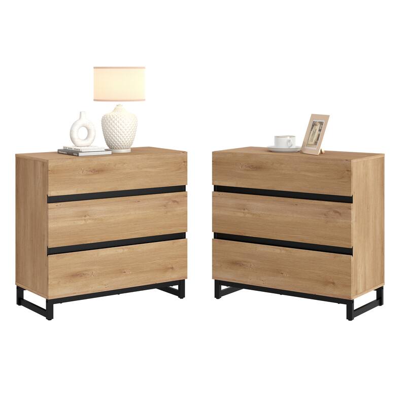 WAMPAT Nightstand with 3 Drawers for Bedroom, Modern Bedside Table with Black Square Iron Leg, Wood Rustic Side Table