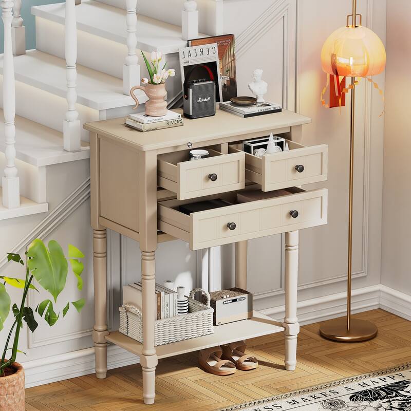Narrow Console Table, Slim Sofa Table with Three Storage Drawers and Bottom Shelf - Beige