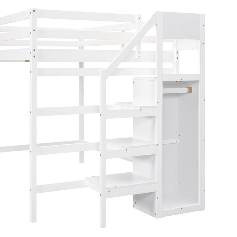 White Full Size Loft Bed with Built-in Wardrobe, Clothes Rack, and Storage Staircase