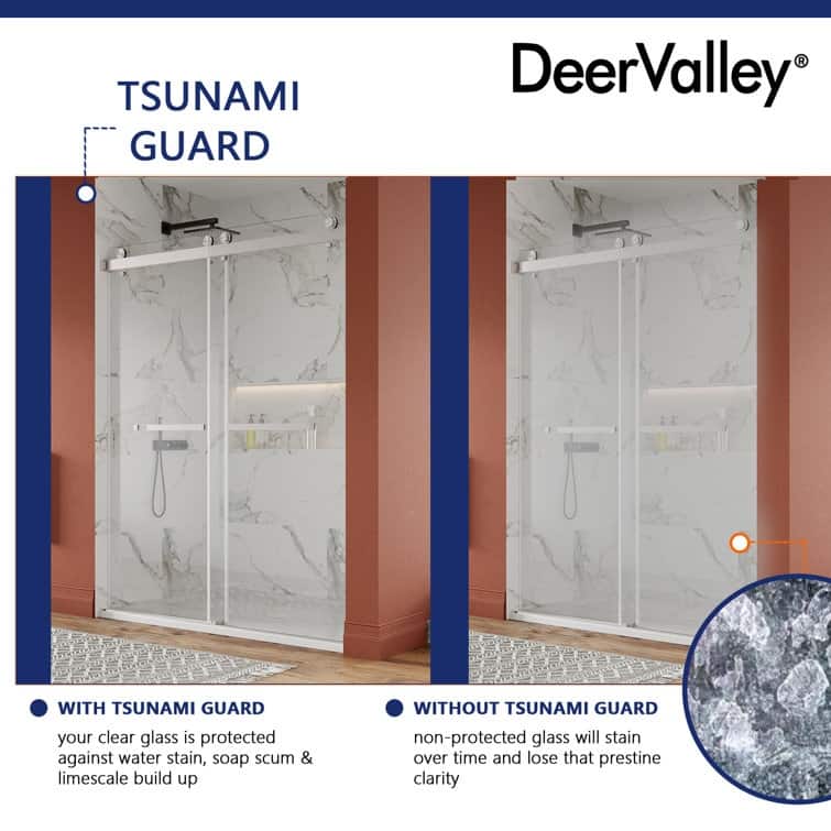 DeerValley 56" - 60" W x 76" H Double Sliding Frameless Shower Enclosure, Stainless Steel Accessories