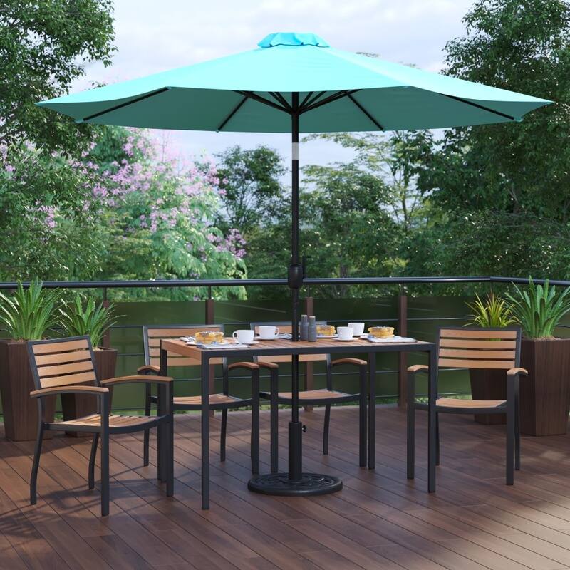 30" x 48" Faux Teak Patio Table, 4 Chairs and 9FT Patio Umbrella with Base - Teal