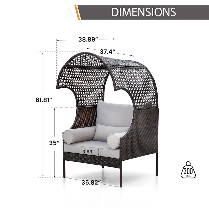 Single Rattan Sofa with Top Canopy, Elegant Wicker Couch for Outdoor