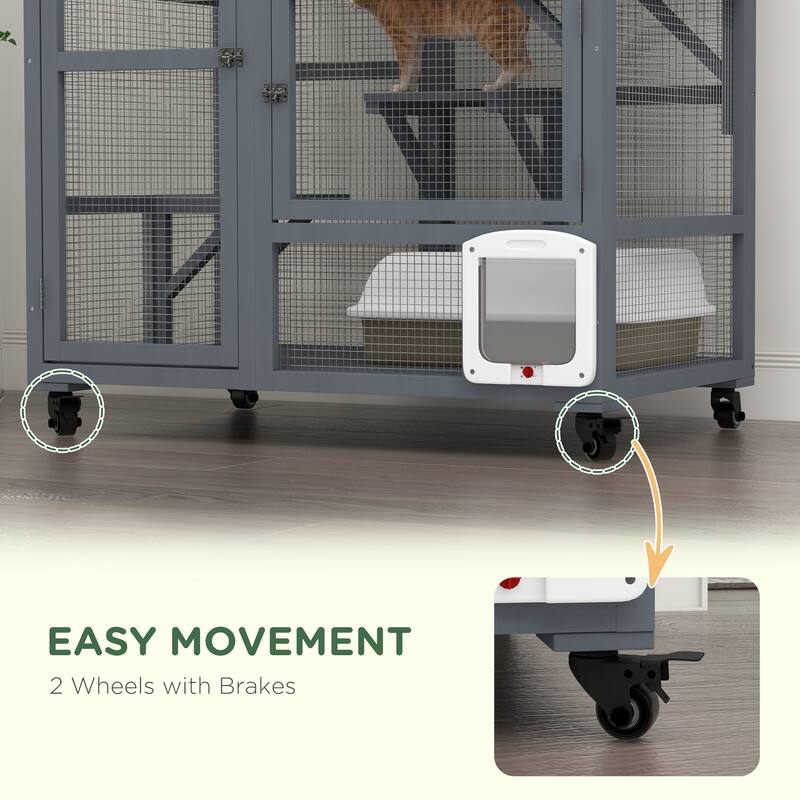 PawHut Cat House, Indoor Cat Enclosure on Wheels, Wooden Kitty Cage with Cat Flap Door - Gray