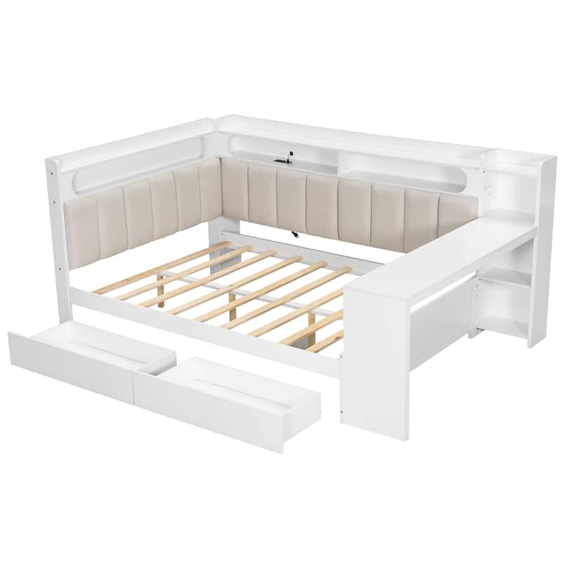 Full Daybed with Storage Shelves Built-in Charging Station LED Light, L-shape Upholstered Sofa Bed with 2 Drawers, Cabinet, Desk
