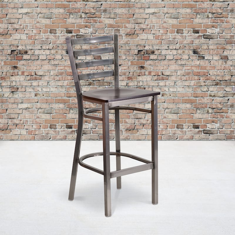 Clear Coated Ladder Back Metal Restaurant Barstool - 17"W x 18"D x 42.25"H - Mahogany Wood Seat/ Clear Coated Metal Frame