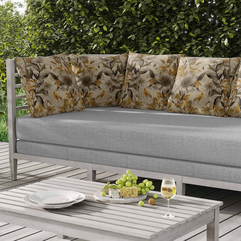 Exquisite Floral Breeze Indoor/Outdoor Reversible Throw Pillow Gold and Vanilla