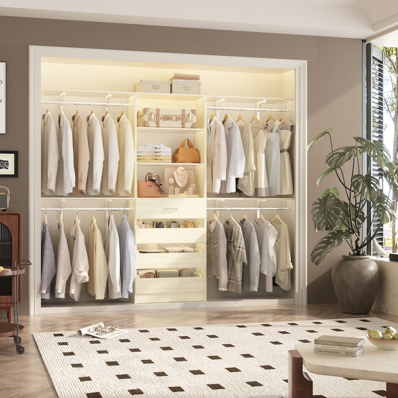 Rackcog 96'' Closet System with 4 Drawers and 4 Hanging Rods, 8FT Wood Closet Organizer for Walk-in Closet