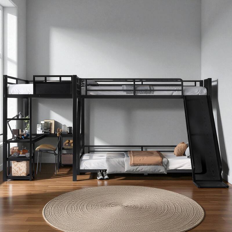 Metal Triple Bunk Bed with L-Shaped Desk, Storage Shelves & Slide, Twin/Twin XL over Full/Queen Space-Saving Loft Design
