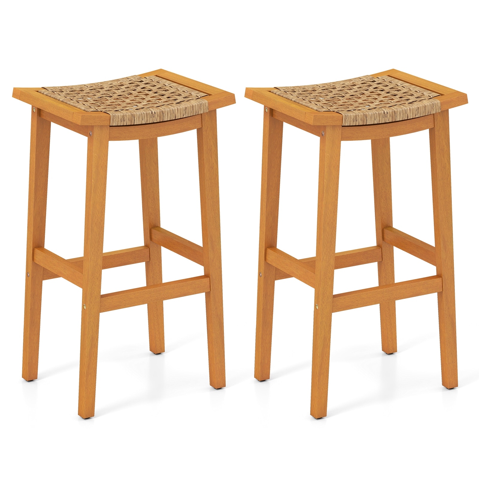 Gymax Outdoor Acacia Wood Bar Stools Set of 2 w/ PE Rattan Seats &