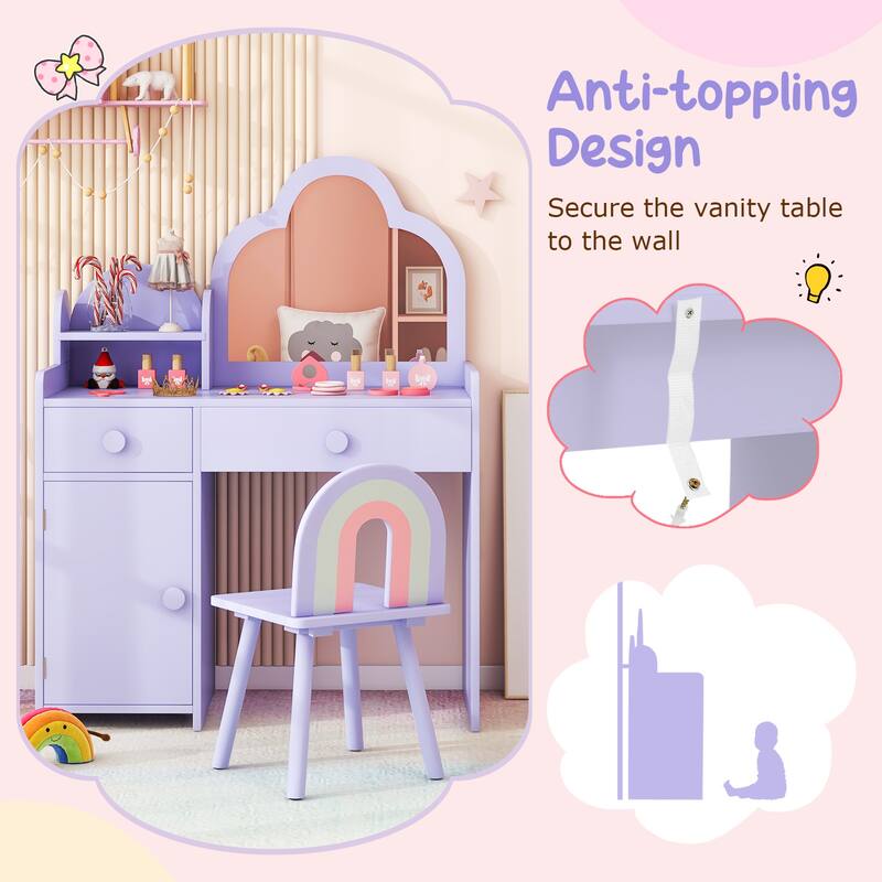 Children's Vanity Table and Stool Set with Mirror and Drawers Cabinet for Bedroom or Playroom - 31.5" x 16" x 38.5" (L x W x H)