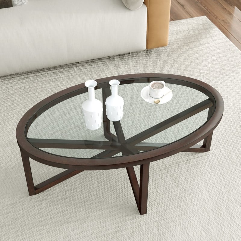 Modern simple glass coffee table, tempered glass coffee table solid wood base round transparent glass top