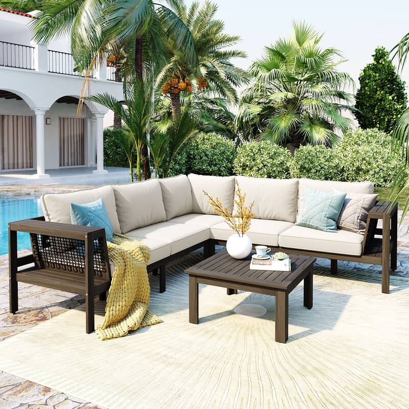 Roomfitters 4-Piece Outdoor Acacia Wood Sofa Set with Woven Mesh Armrests, L-Shaped Patio Conversation Furniture