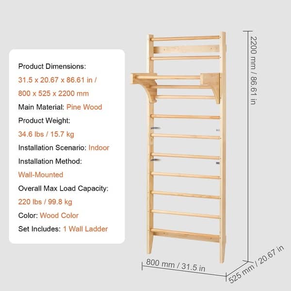 Natural Pine Wood 10-Level Climbing Wall Gym for Kids and Indoor Playset - 31.5” L x 20.67” W x 86.61” H