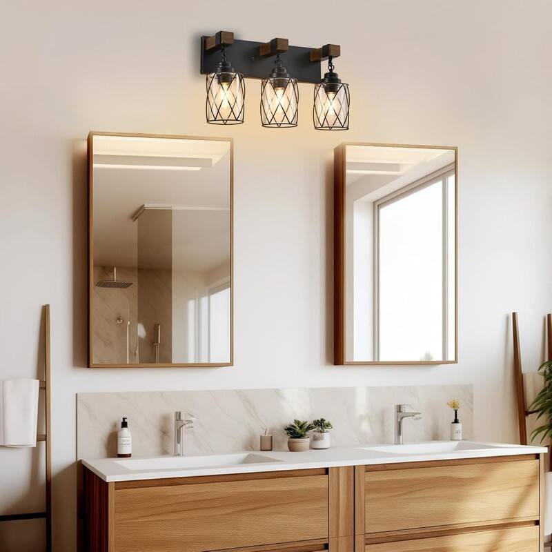 3 Light bathroom light fixtures black wall sconces glass, metal, wood wall light