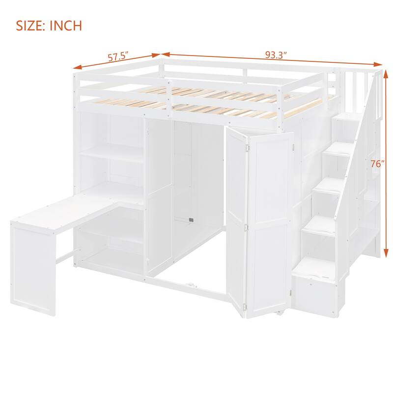 Full Size Loft Bed with Wardrobe,Desk and Shelves,White