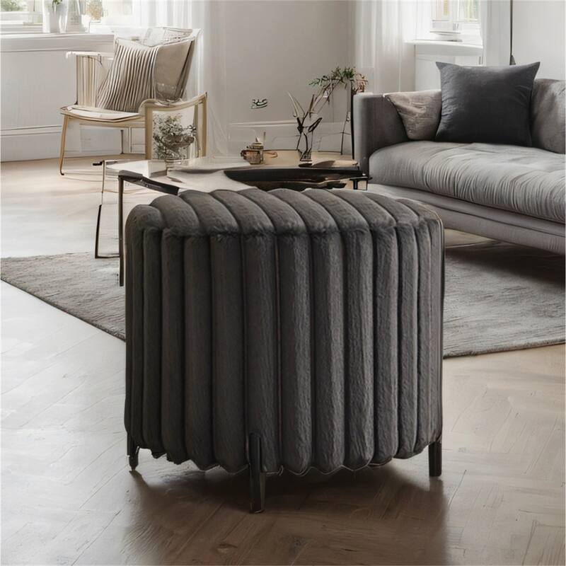 22.05" Upholstered Round Ottoman with Metal Legs for Bedroom