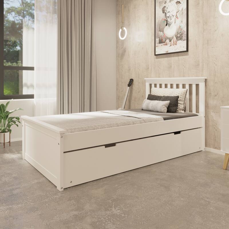 Twin Size Solid Wood Trundle Bed Frame with Pull-Out Toddler Bed and Heavy Duty Kids Bed