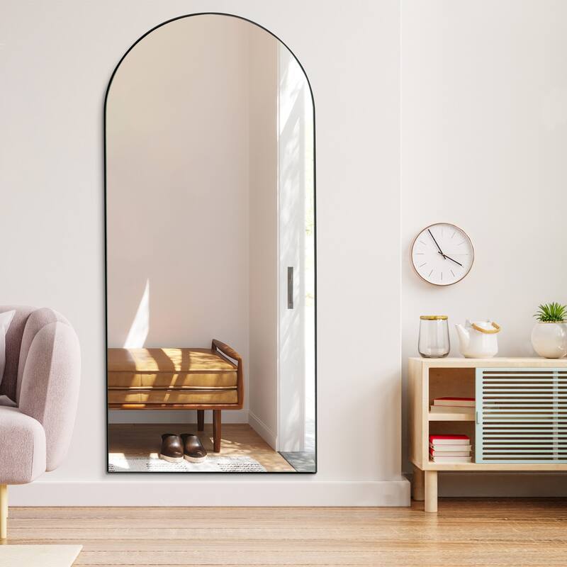 Arched Floor Mirror With Stand,Wood Frame Full Length Mirror,Wall-Mounted Mirror