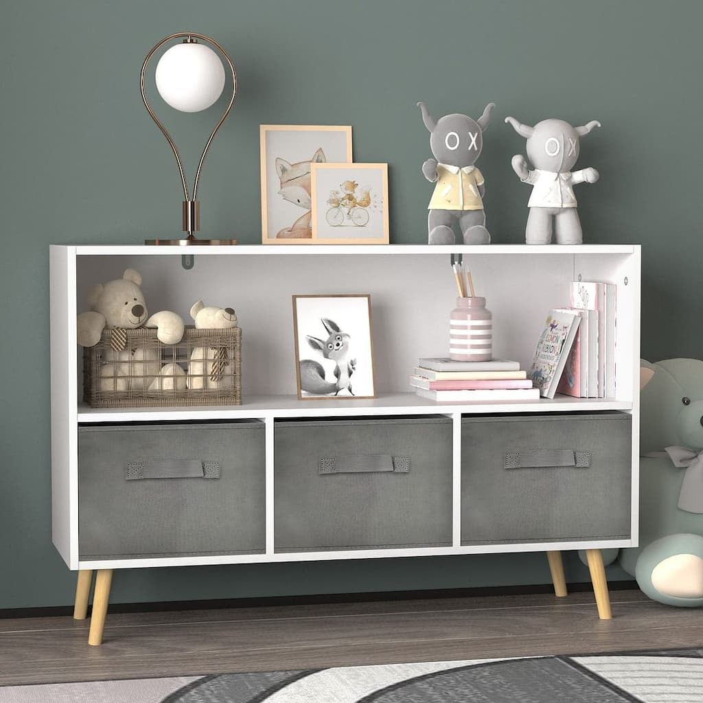 Kids Bookcase with Fabric Drawers and Toy Storage Organizer