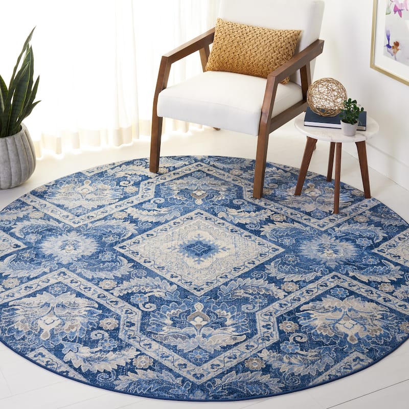 SAFAVIEH Brentwood Blagoyka Traditional Rug - 6'7" Round - Blue/Ivory