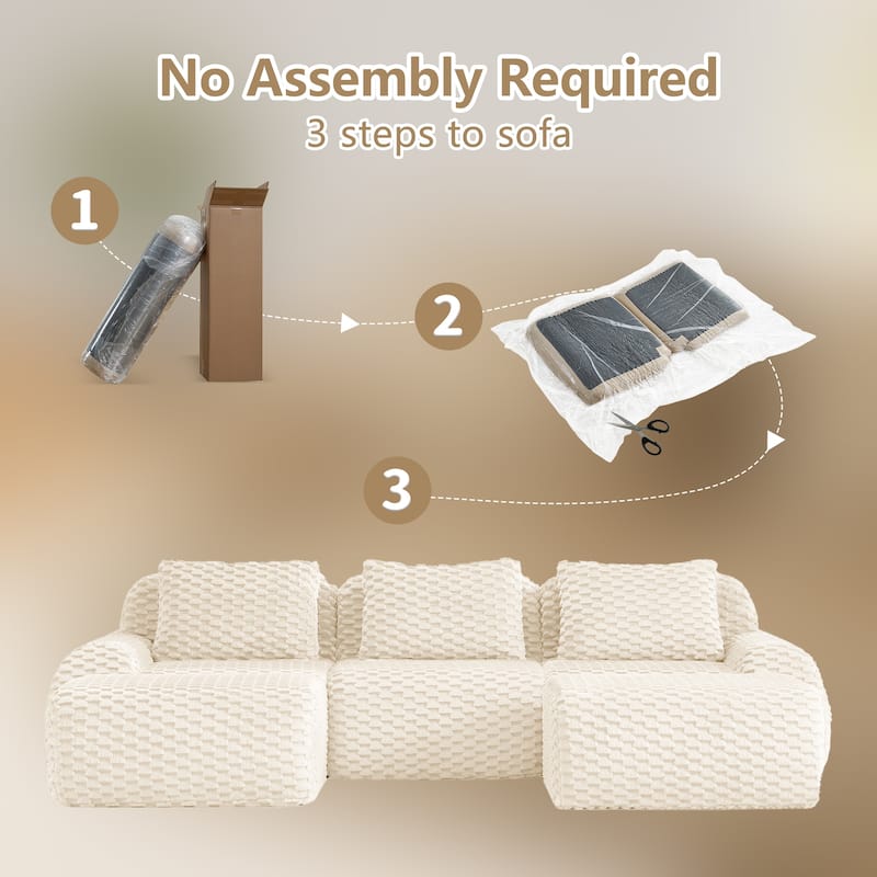 Roomfitters 114 Inch Modular Sectional Sofa, Oversized Flannelette 3-Seater, Cream