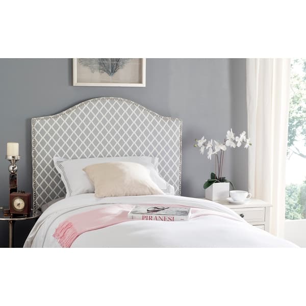slide 2 of 4, SAFAVIEH Connie Grey/White Camelback Upholstered Headboard - Silver Nailhead (Twin)