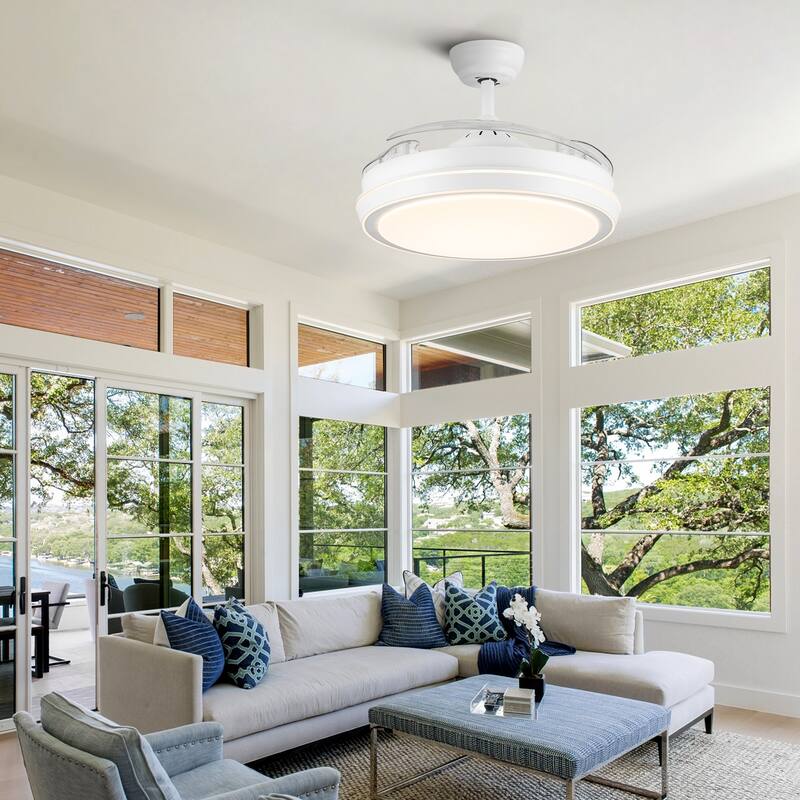 42 in. Black Frame Retractable Ceiling Fan with Remote Control - Gloss White