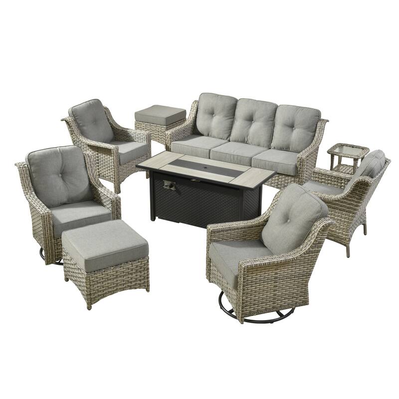 HOOOWOOO 9-piece Rattan Outdoor High Backrest Swivel Chair Set with 54"Fire Pit