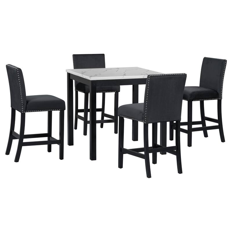 5-Piece Counter Height Dining Table Set, Faux Marble Top Square Table with 4 Velvet Chairs, Kitchen Dining Table Set for 4