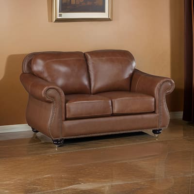 Boro 64 Inch Loveseat, Rich Brown Top Grain and Faux Leather, Solid Wood
