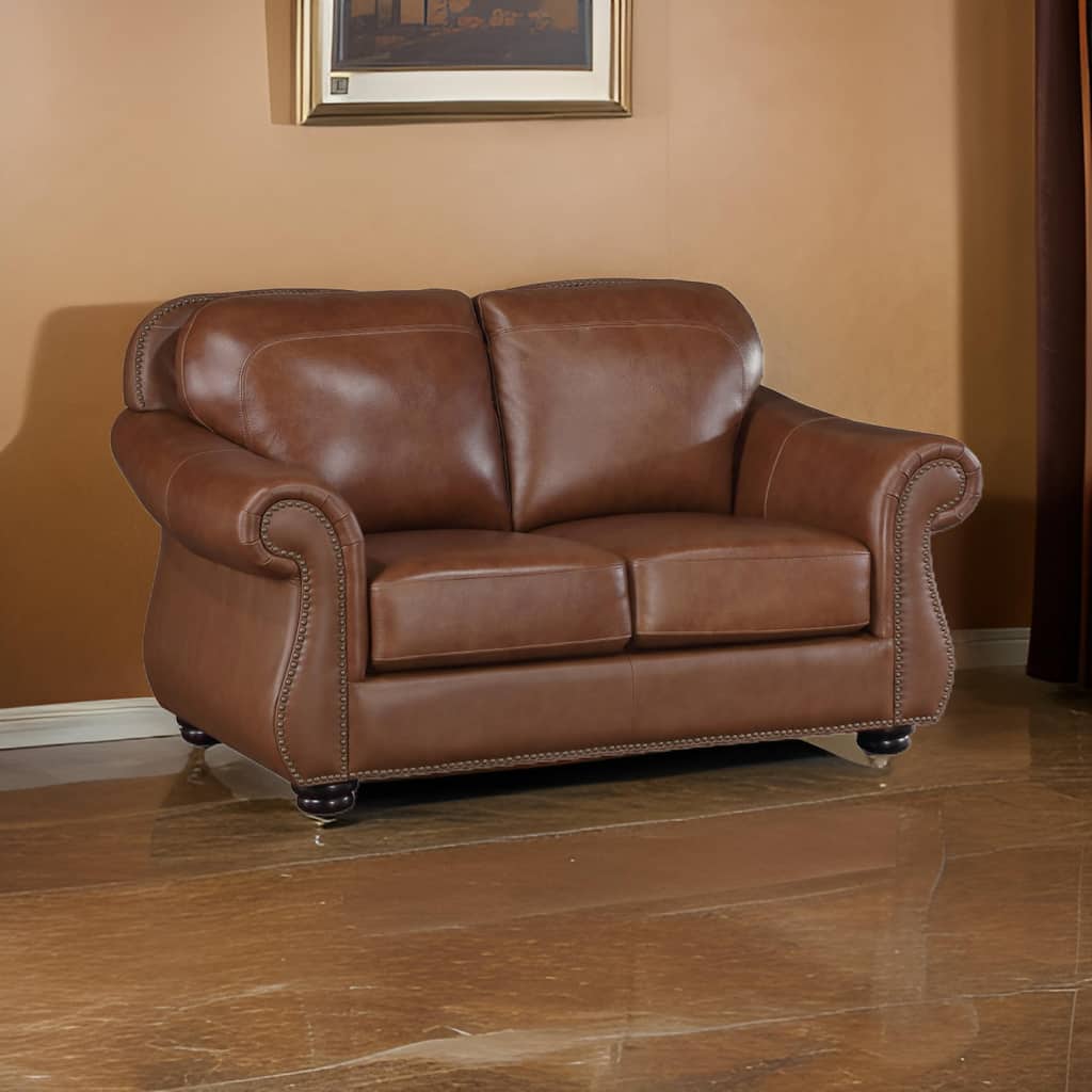 Boro 64 Inch Loveseat, Rich Brown Top Grain and Faux Leather, Solid Wood