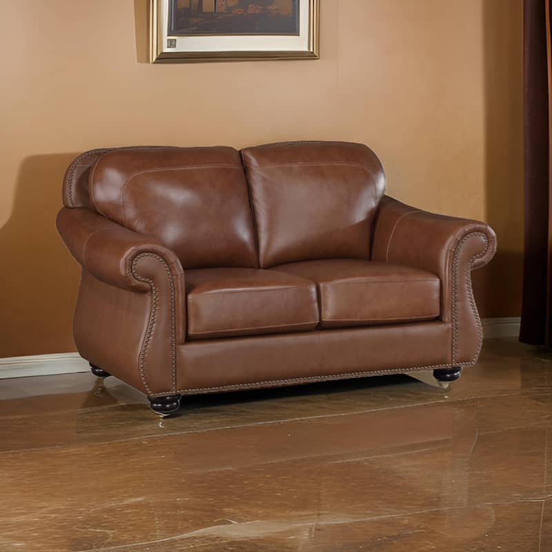 Boro 64 Inch Loveseat, Rich Brown Top Grain and Faux Leather, Solid Wood