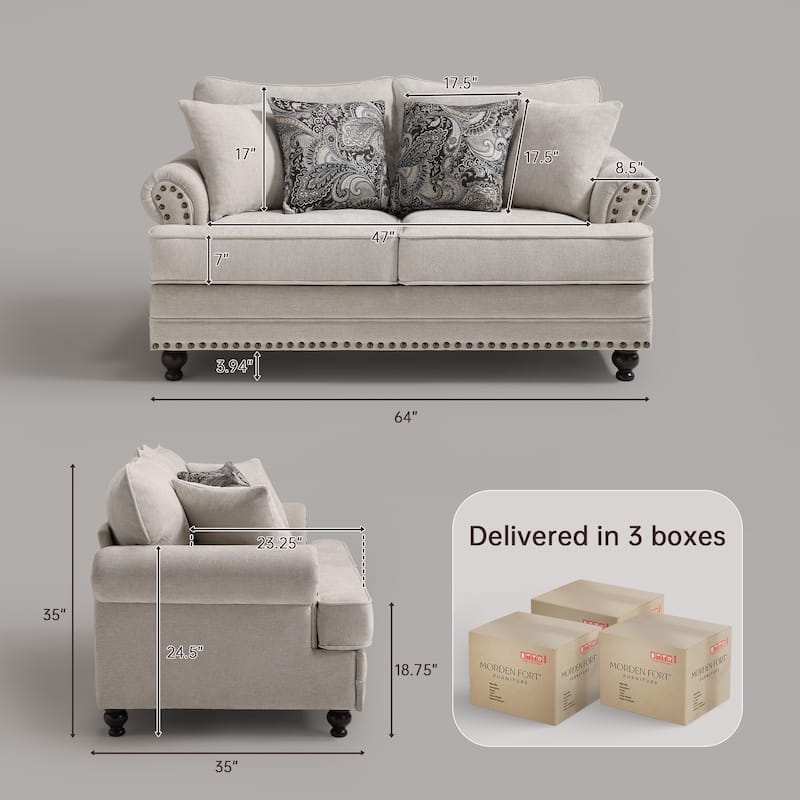 Morden Fort Chenille Fabric Loveseat with Rolled Arm and Nailhead Trim