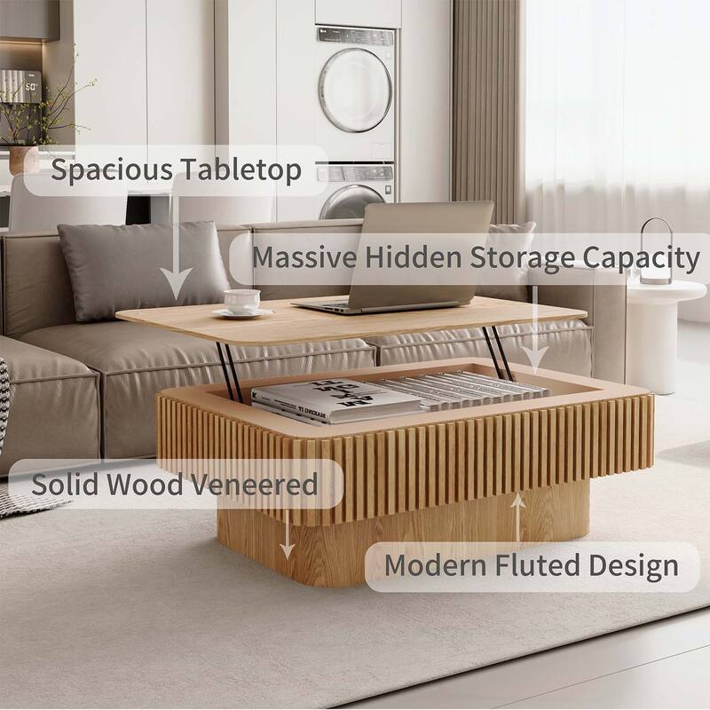 Fluted Lift-top Accent Tea Table with Storage,Adjustable Height,for Modern Living Spaces