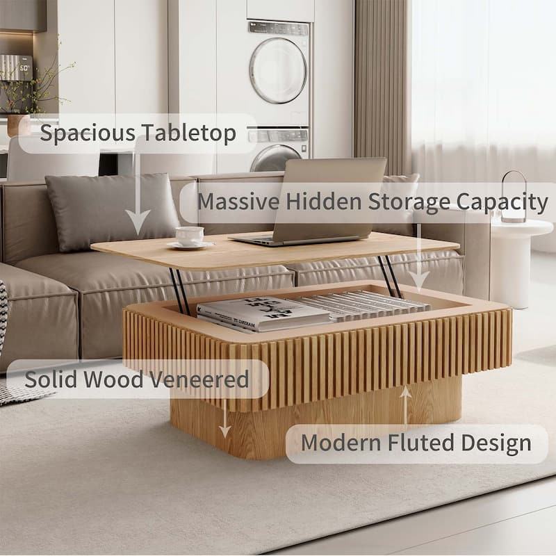 Modern Fluted Lift-top Coffee Table with Storage and Adjustable Height,for Living Spaces