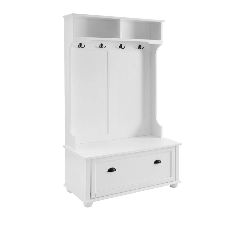 Hall Tree Entryway Bench with Open Shelves and Shoe Cabinets - White
