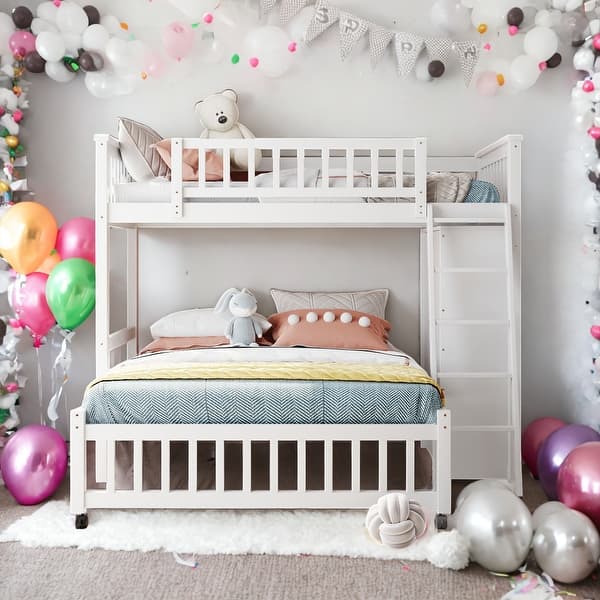 slide 2 of 12, Wooden Twin Over Full Bunk Bed With Six Drawers And Flexible Shelves,Bottom Bed With Wheels White