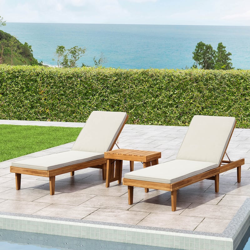 Nadine Outdoor Acacia Wood 3 Piece Chaise Lounge Set with Water-Resistant Cushions by Christopher Knight Home