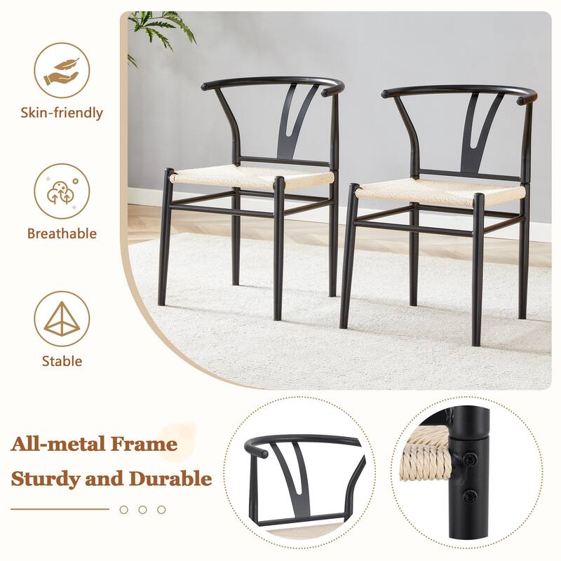Medieval Y-Shaped Dining Chairs - Woven Natural Rope Seats & Black Iron Frame (Set of 4)‌