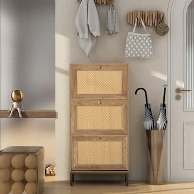 3 Flip Drawers Shoe Cabinet Rattan Shoe Cabinet Freestanding Shoe Rack Storage Cabinet
