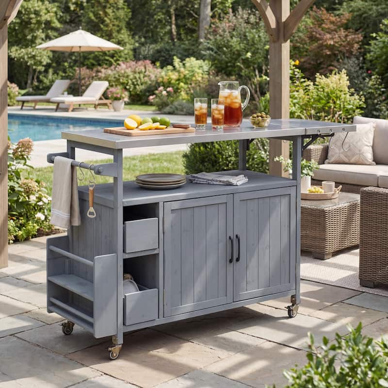 Christopher Knight Home - 54.33" Solid Wood Mobile Outdoor Kitchen Cart with Stainless Steel Top & Spice Rack & Lockable Wheels - Blue Gray