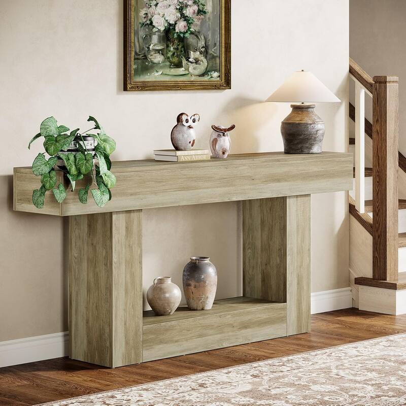 63 Inches Brown and Gray Narrow Long Wood Console Table for Entryway - Light Grey