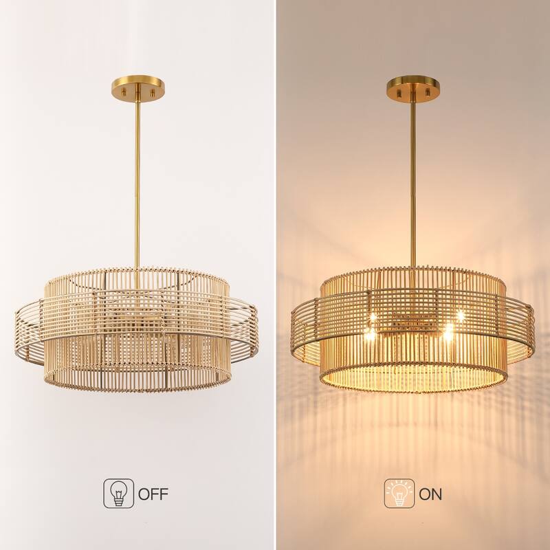 Saturn 4-Light Modern Bohemian Chandelier with Natural Rattan Shade - 22 in. W