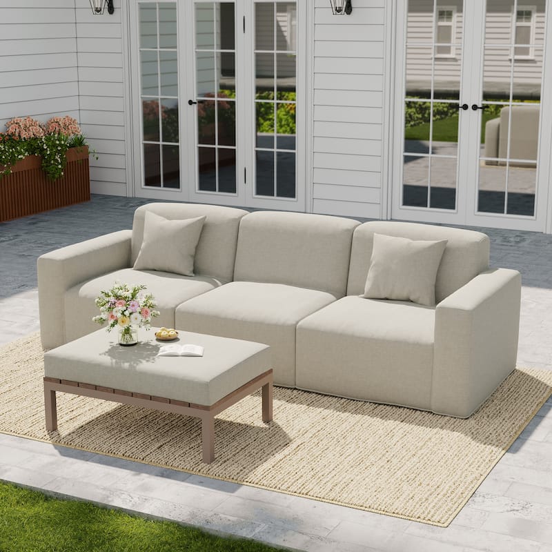 100" W No Assembly Outdoor Patio Modular Sofa with Coffee Table - Light Grey