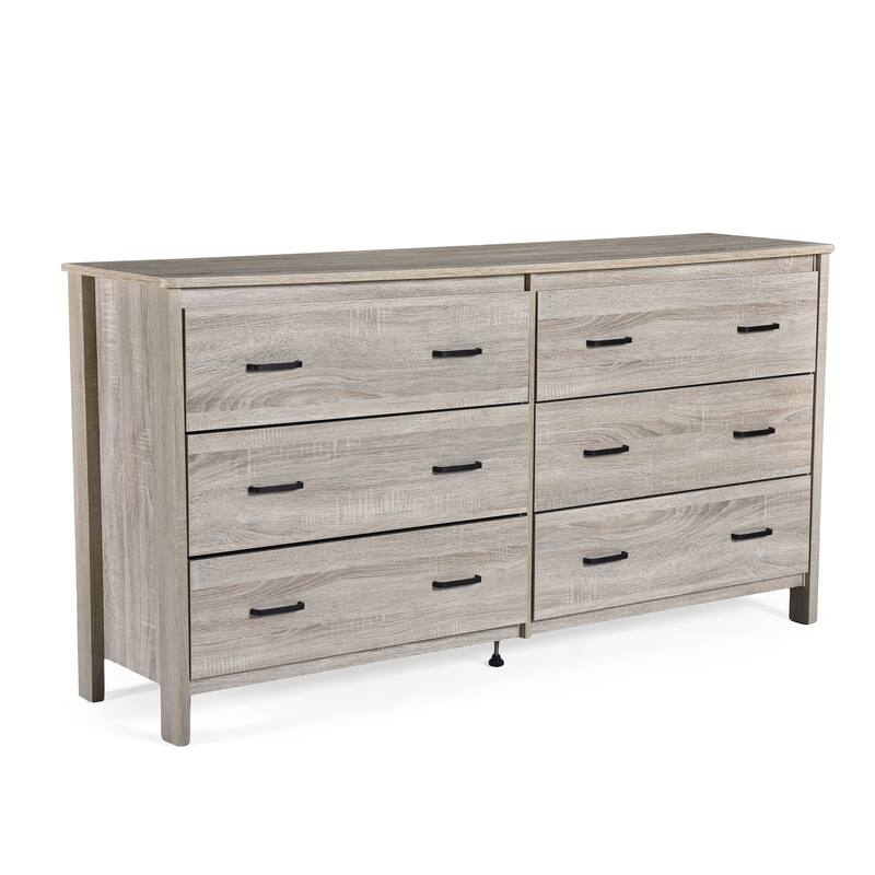 Roomfitters 6-Drawer Wide Dresser, Modern Wood Storage Chest with Metal Handles, Bedroom Accent Organizer, Oak